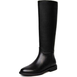 Women's Black Chunky Low Heels Toe Side Zipper Knee High Boots Rubber
